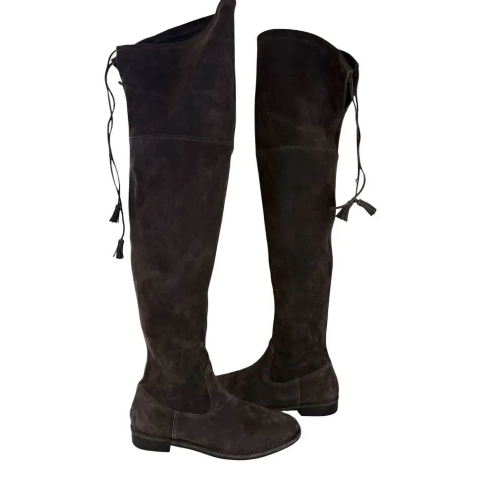 Frye Brown Suede Over-the-Knee Flat Boots with Tie Detail Size 8M